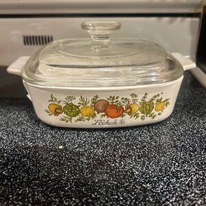 Pyrex Vintage Spice Of Life L’Echalote Glass Baking Dish with Lid 1 Quart